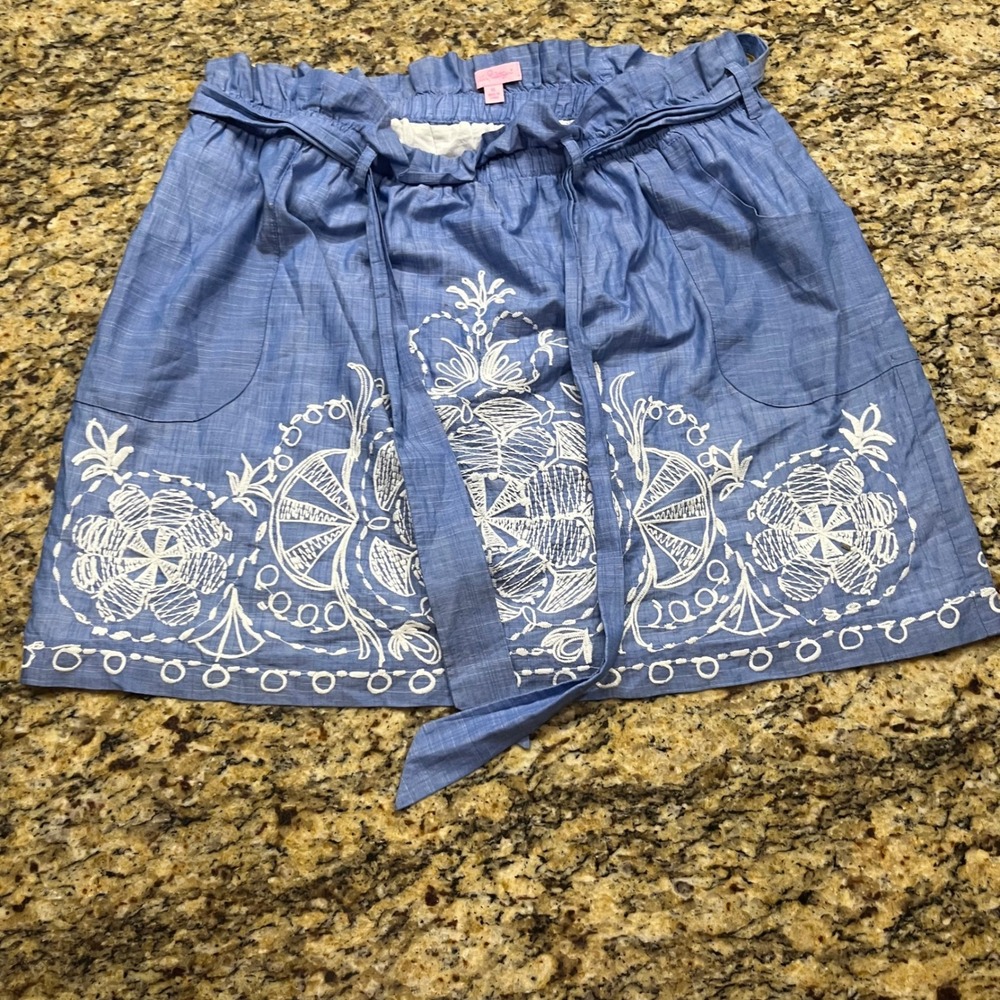 Lilly Pulitzer Blue Embroidered Paperbag Mini Skirt XL Pockets Tie Waist